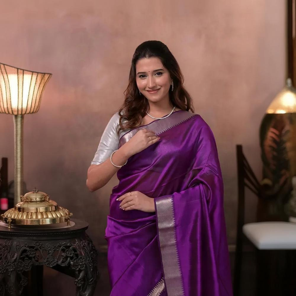 Bhadra - Violet Plain Handwoven Silk Saree With Silver Zari Border