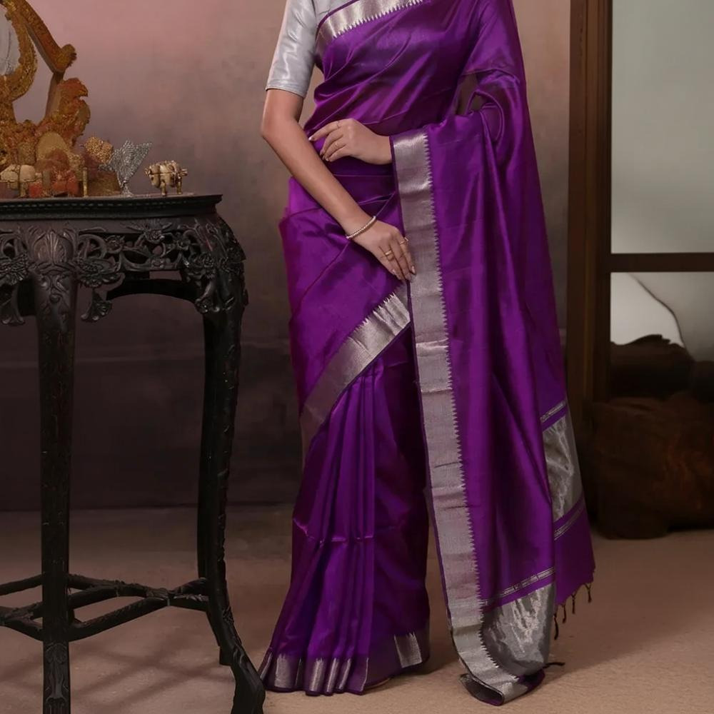 Bhadra - Violet Plain Handwoven Silk Saree With Silver Zari Border