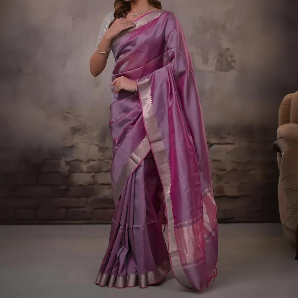 Bhadra - Pinkish Purple Plain Handwoven Silk Saree With Silver Zari Border