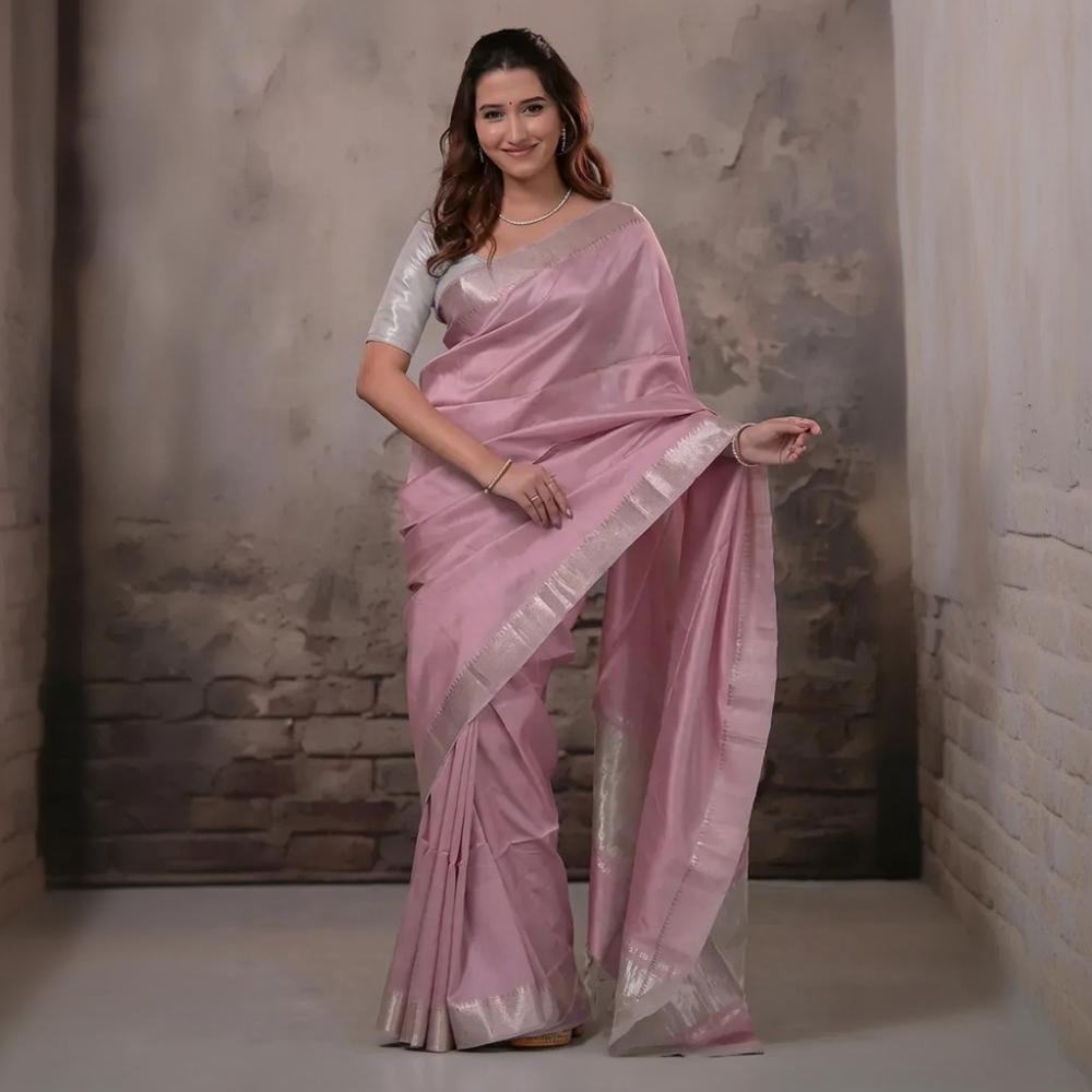 Bhadra - Pastel Mauve Plain Handwoven Silk Saree With Silver Zari Border