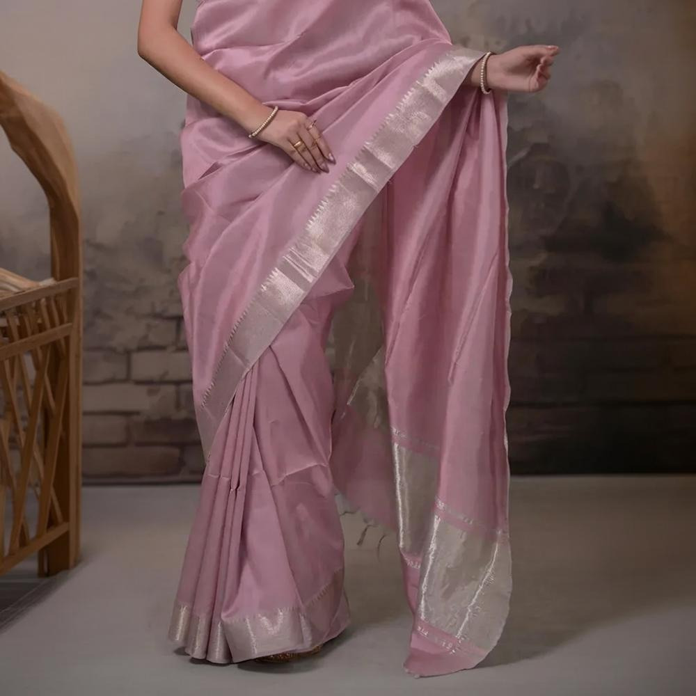 Bhadra - Pastel Mauve Plain Handwoven Silk Saree With Silver Zari Border
