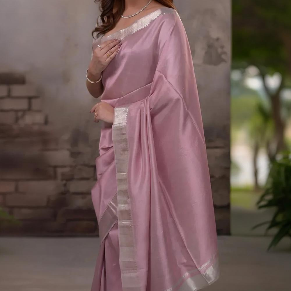 Bhadra - Pastel Mauve Plain Handwoven Silk Saree With Silver Zari Border