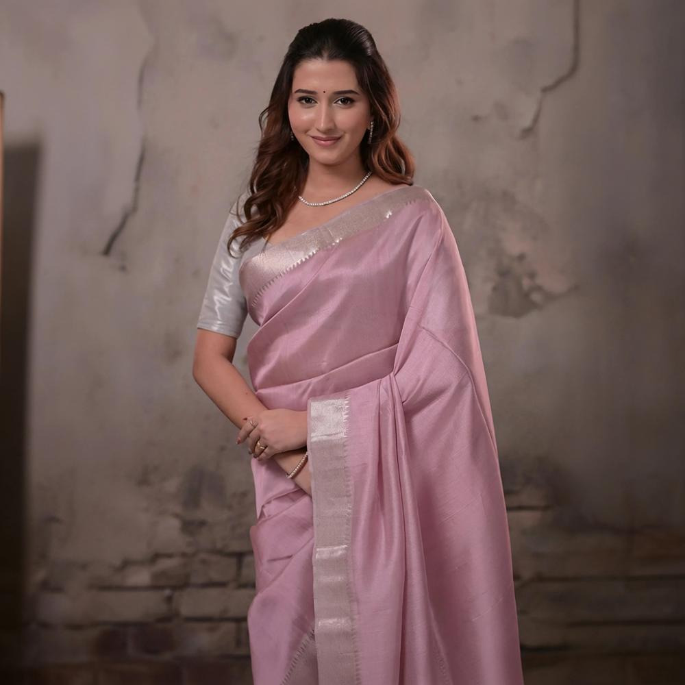 Bhadra - Pastel Mauve Plain Handwoven Silk Saree With Silver Zari Border