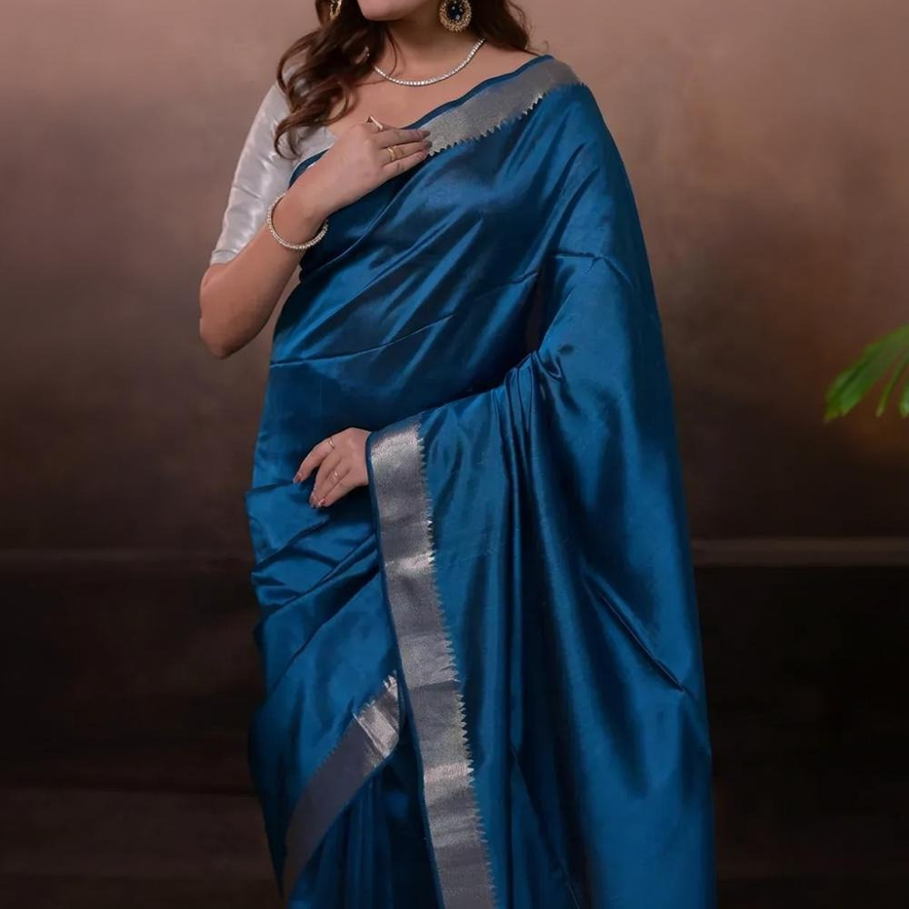 Bhadra - Indigo Blue Plain Handwoven Silk Saree With Silver Zari Border