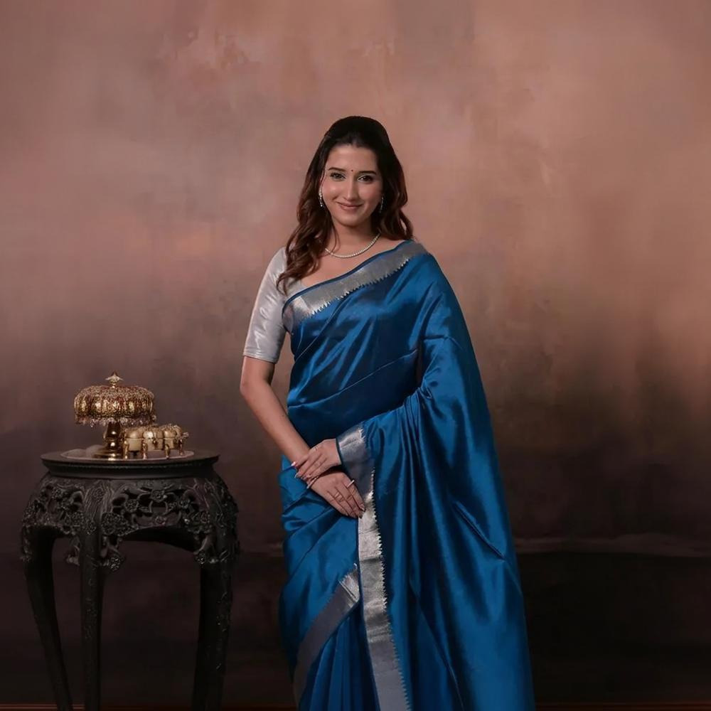 Bhadra - Indigo Blue Plain Handwoven Silk Saree With Silver Zari Border