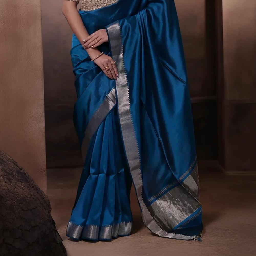 Bhadra - Indigo Blue Plain Handwoven Silk Saree With Silver Zari Border