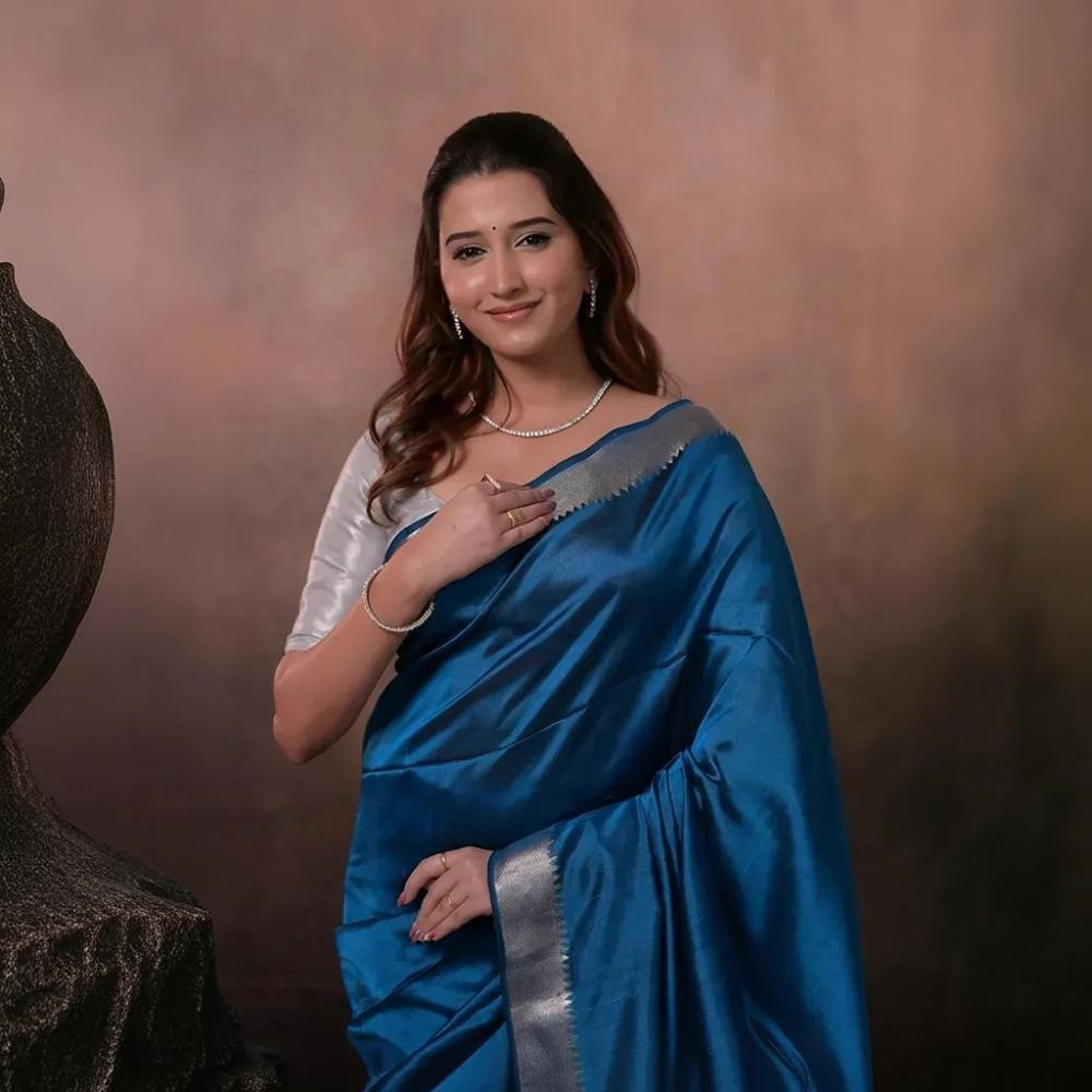 Bhadra - Indigo Blue Plain Handwoven Silk Saree With Silver Zari Border