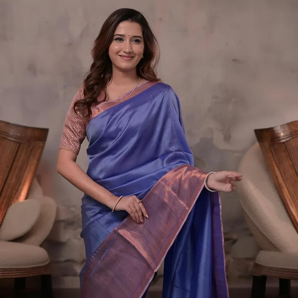 Bhadra - Lavender Blue Handwoven Plain With Copper Zari Border Silk Saree