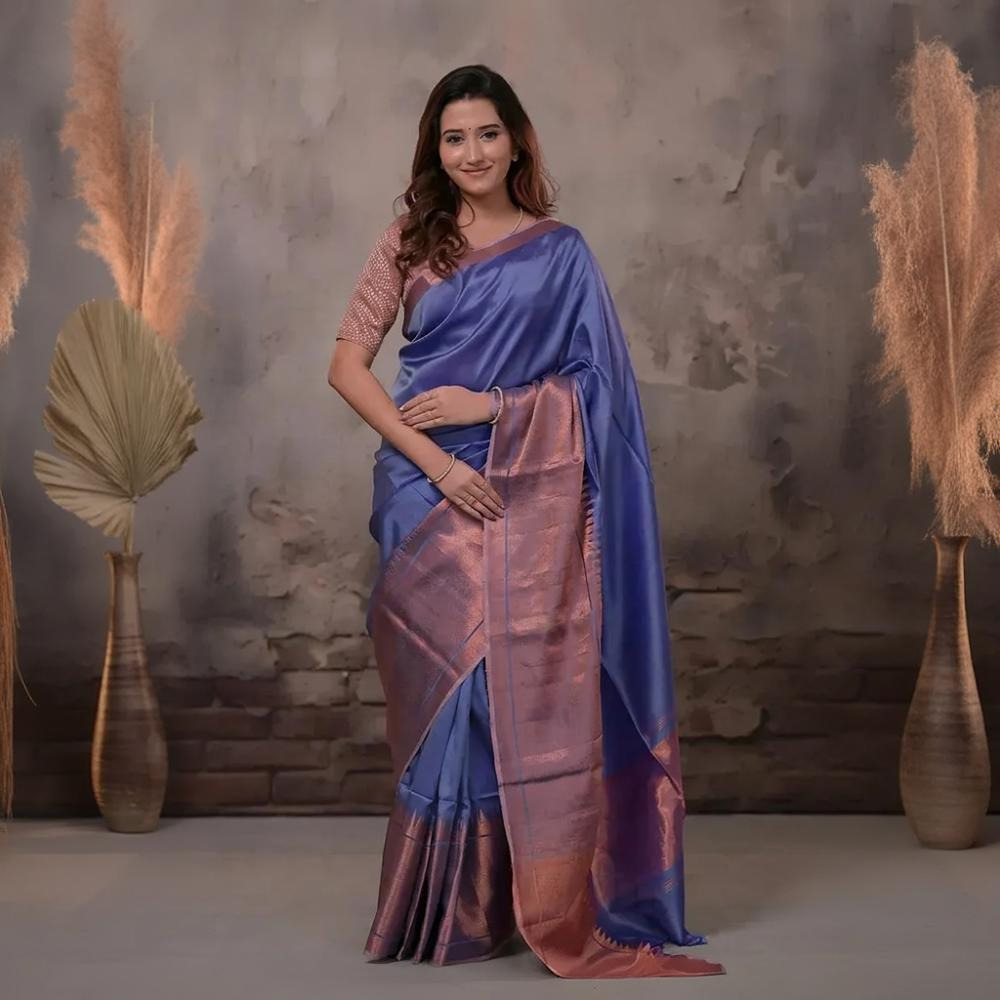 Bhadra - Lavender Blue Handwoven Plain With Copper Zari Border Silk Saree