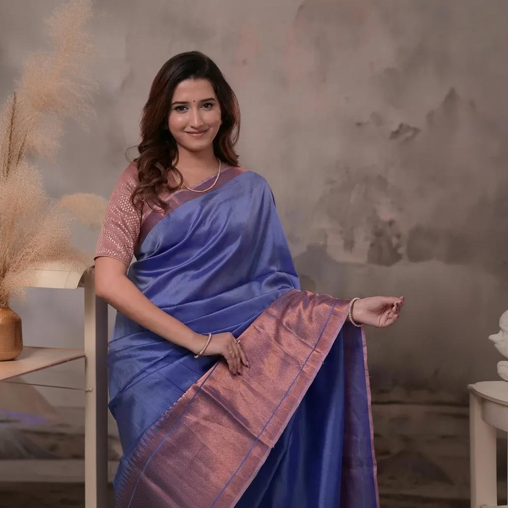 Bhadra - Lavender Blue Handwoven Plain With Copper Zari Border Silk Saree