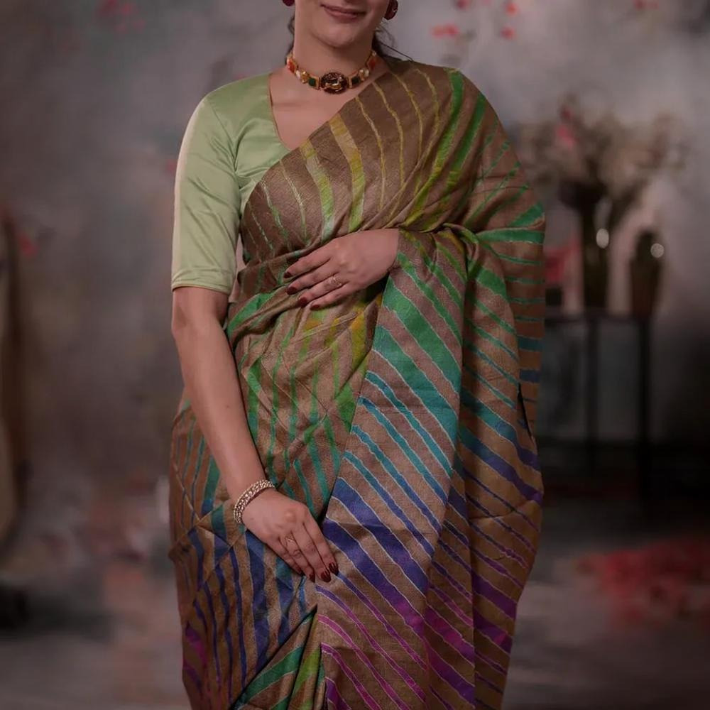 Dhanak - Light Brown Leheriya Saree In Tussar Silk