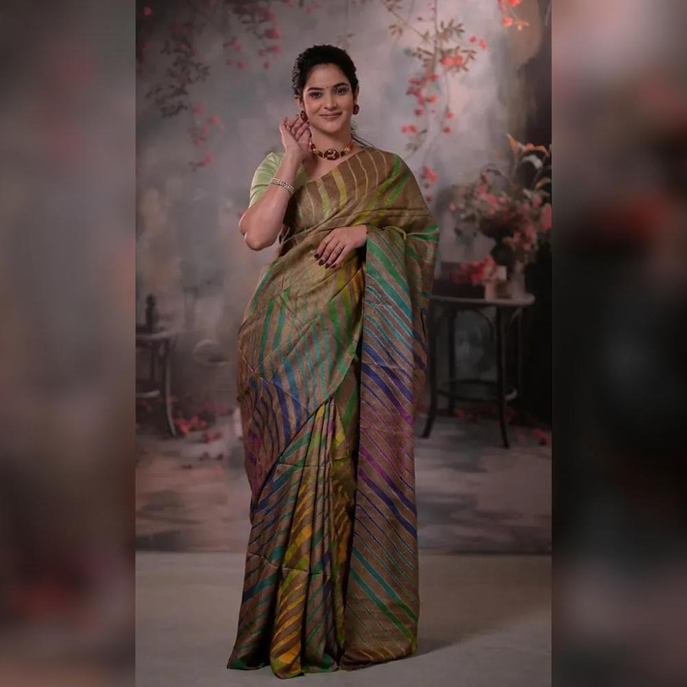 Dhanak - Light Brown Leheriya Saree In Tussar Silk