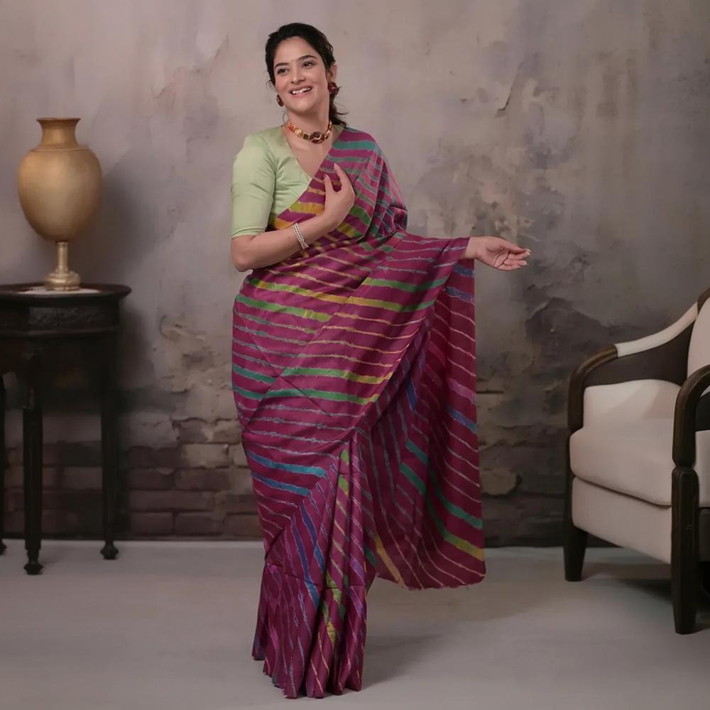 Dhanak - Wine Leheriya Saree In Tussar Silk