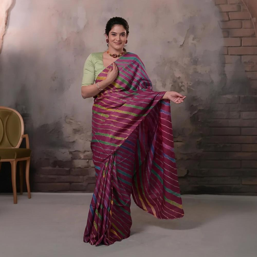 Dhanak - Wine Leheriya Saree In Tussar Silk