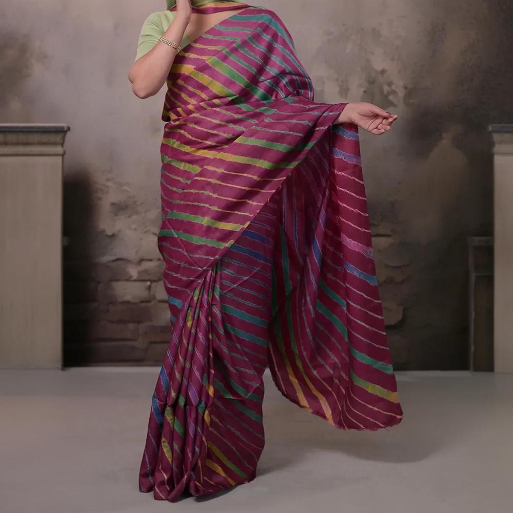 Dhanak - Wine Leheriya Saree In Tussar Silk