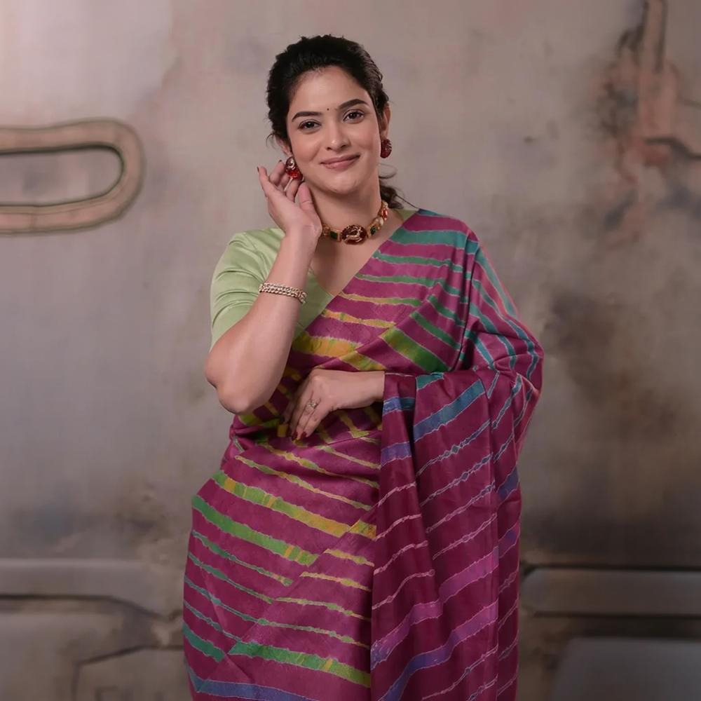 Dhanak - Wine Leheriya Saree In Tussar Silk