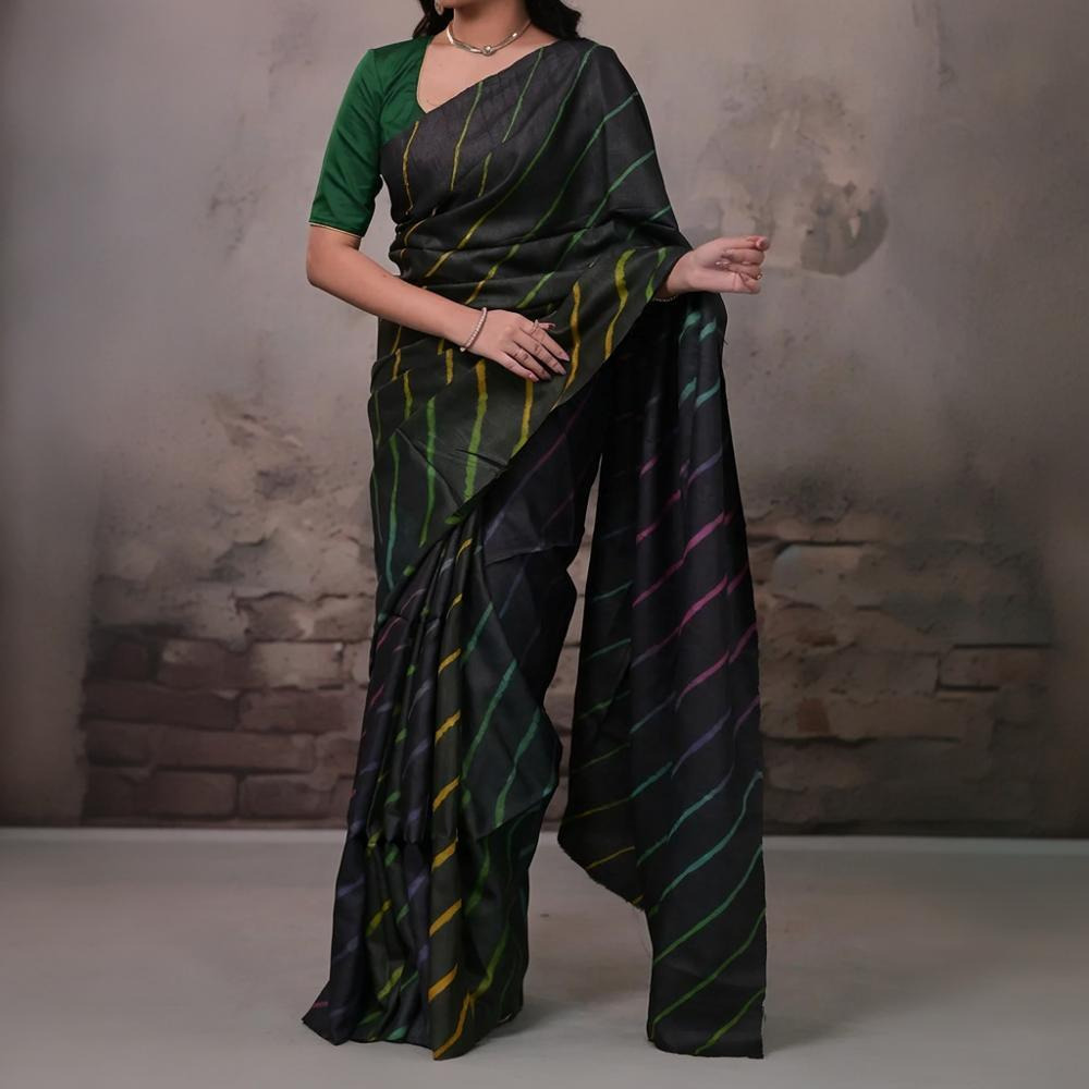 Dhanak - Black Leheriya Saree In Tussar Silk