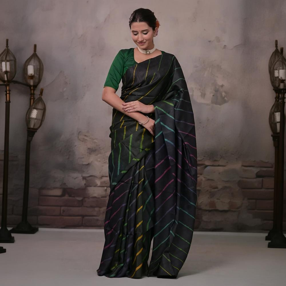 Dhanak - Black Leheriya Saree In Tussar Silk