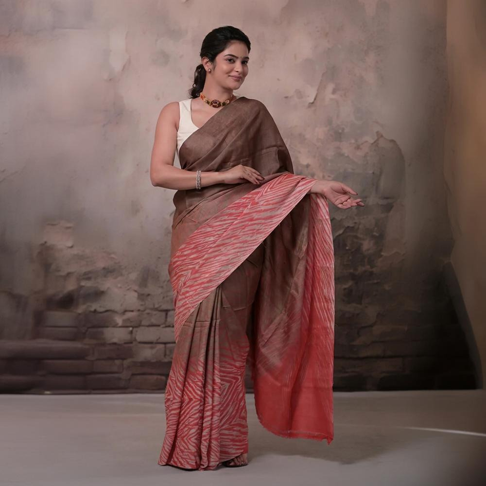 Dhanak - Brown Carrot Red Arashi Shibori Saree In Tussar Silk