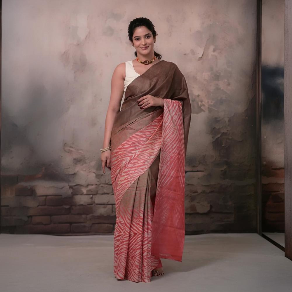 Dhanak - Brown Carrot Red Arashi Shibori Saree In Tussar Silk