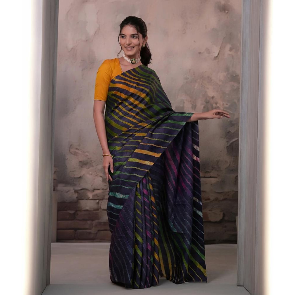 Dhanak - Ink Blue Leheriya Saree In Tussar Silk