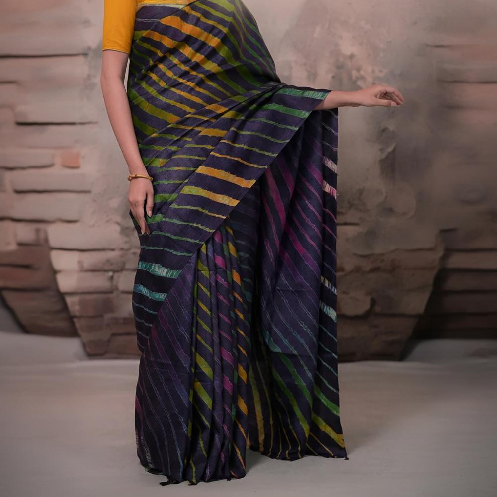 Dhanak - Ink Blue Leheriya Saree In Tussar Silk