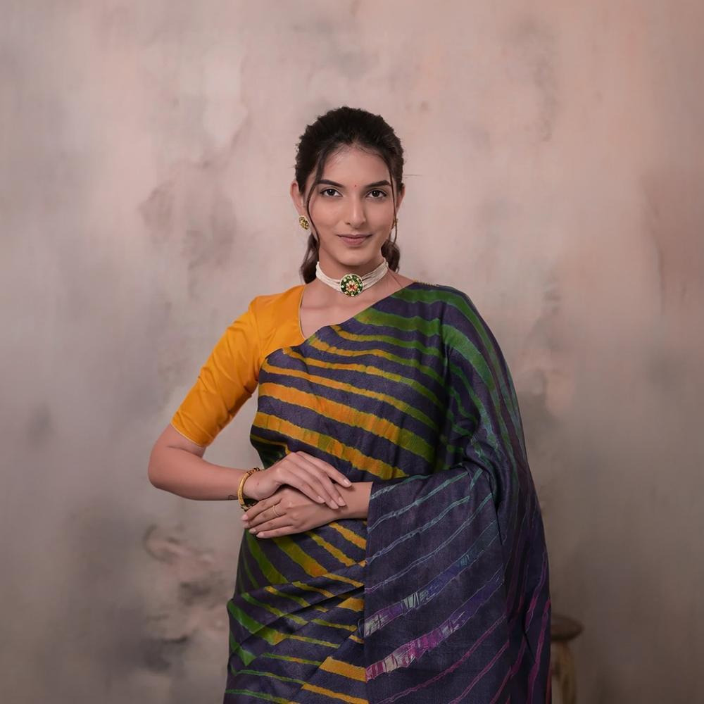 Dhanak - Ink Blue Leheriya Saree In Tussar Silk