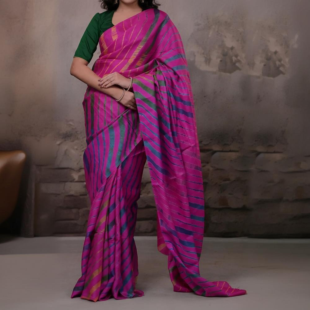 Dhanak - Fuschia Pink Leheriya Saree In Tussar Silk