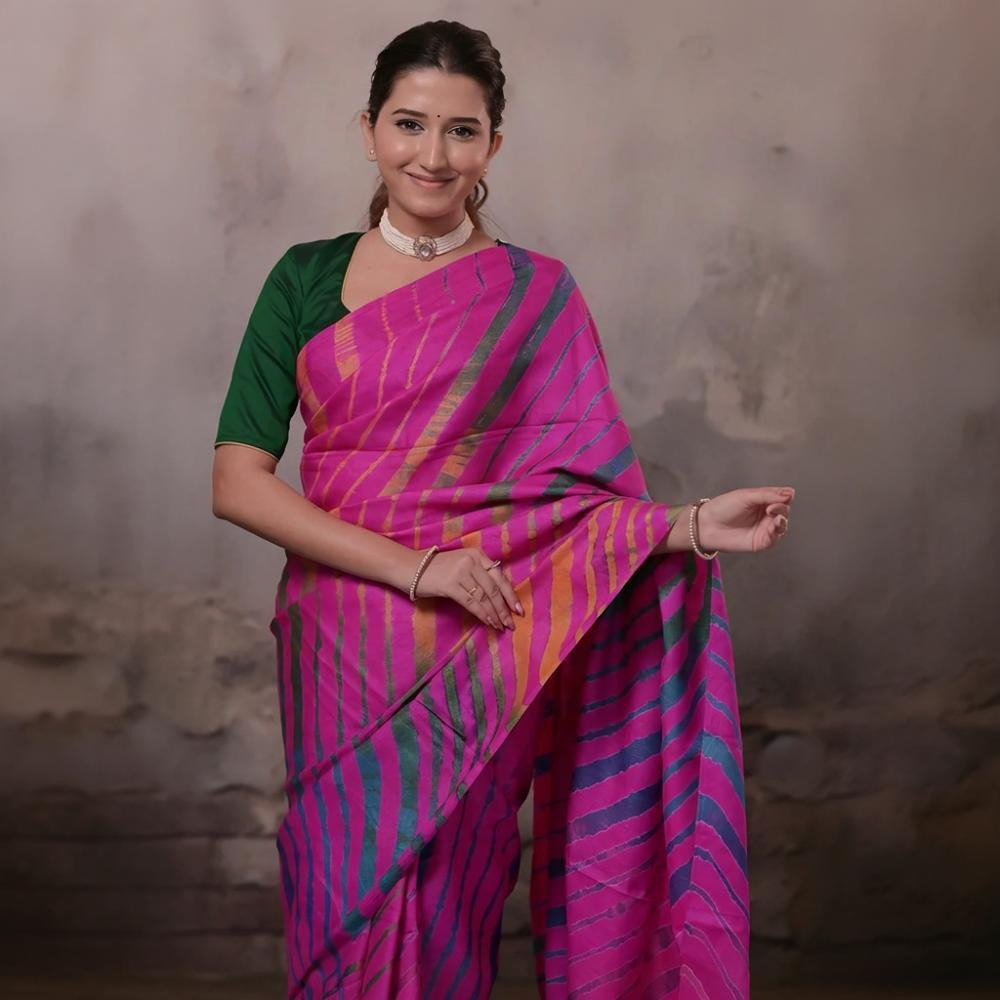 Dhanak - Fuschia Pink Leheriya Saree In Tussar Silk