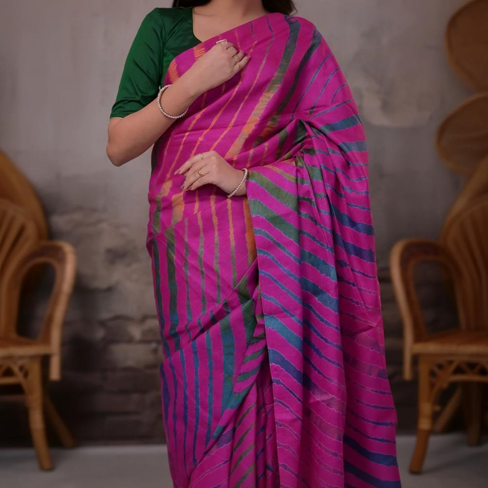 Dhanak - Fuschia Pink Leheriya Saree In Tussar Silk