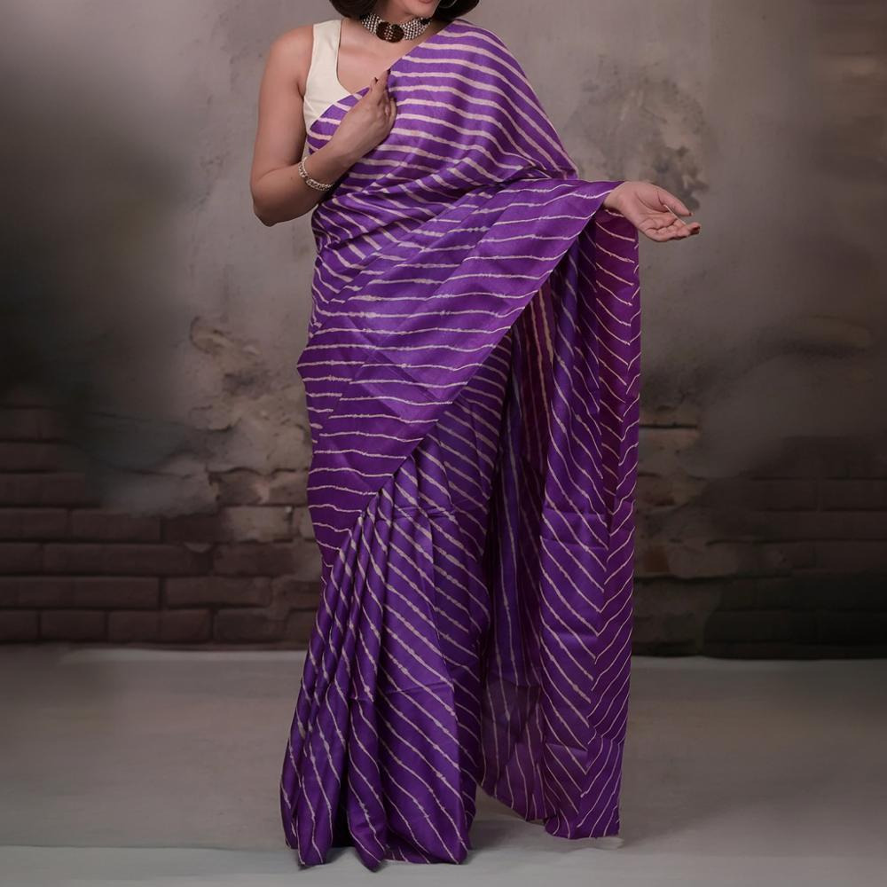 Dhanak - Purple Beige Leheriya Saree In Tussar Silk