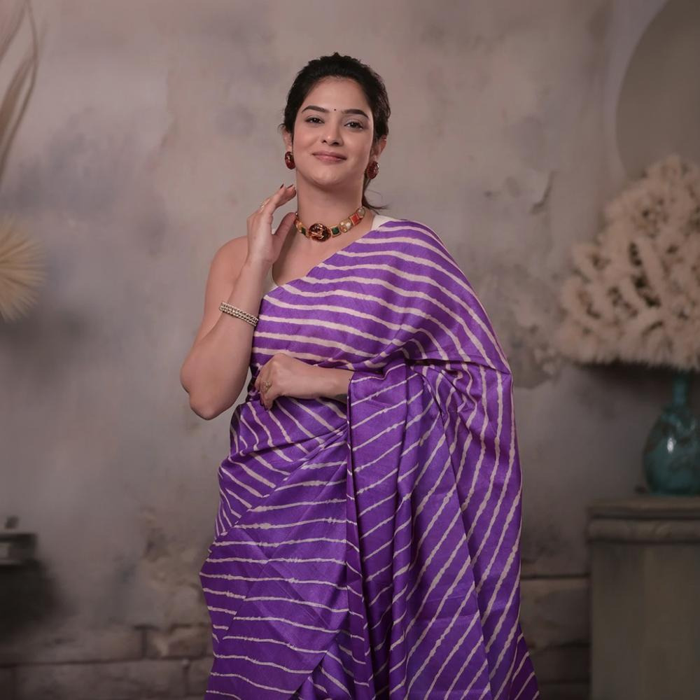 Dhanak - Purple Beige Leheriya Saree In Tussar Silk