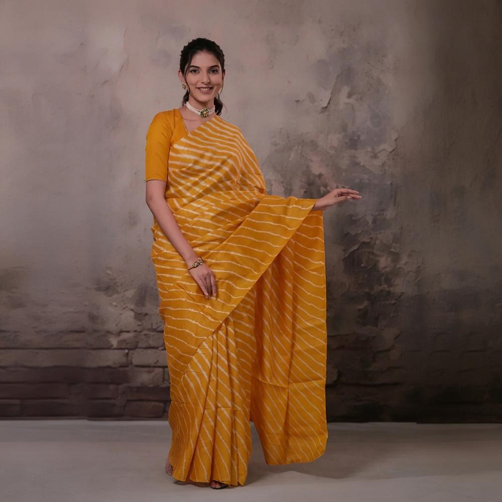 Dhanak - Turmeric Yellow Leheriya Saree In Tussar Silk
