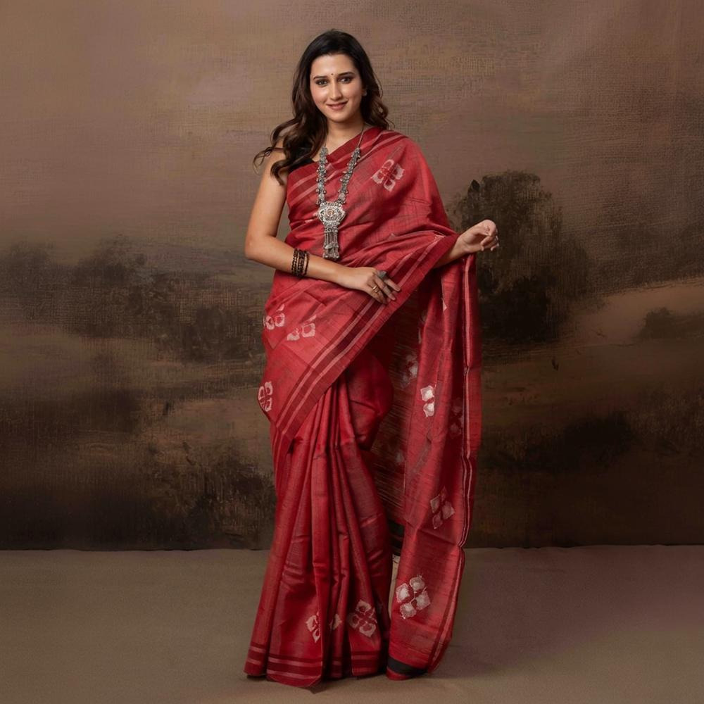 Pure Tussar Silk Saree - Dark Red