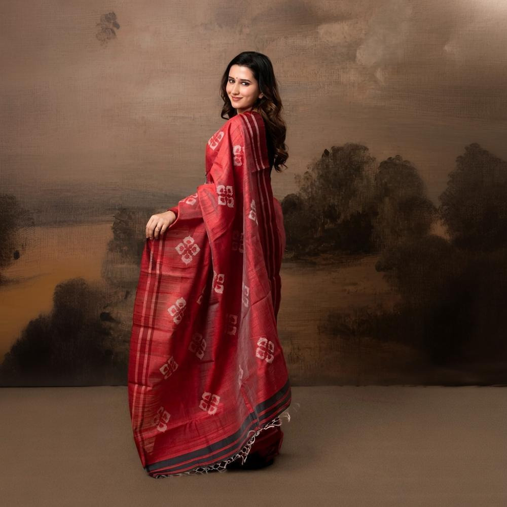 Pure Tussar Silk Saree - Dark Red