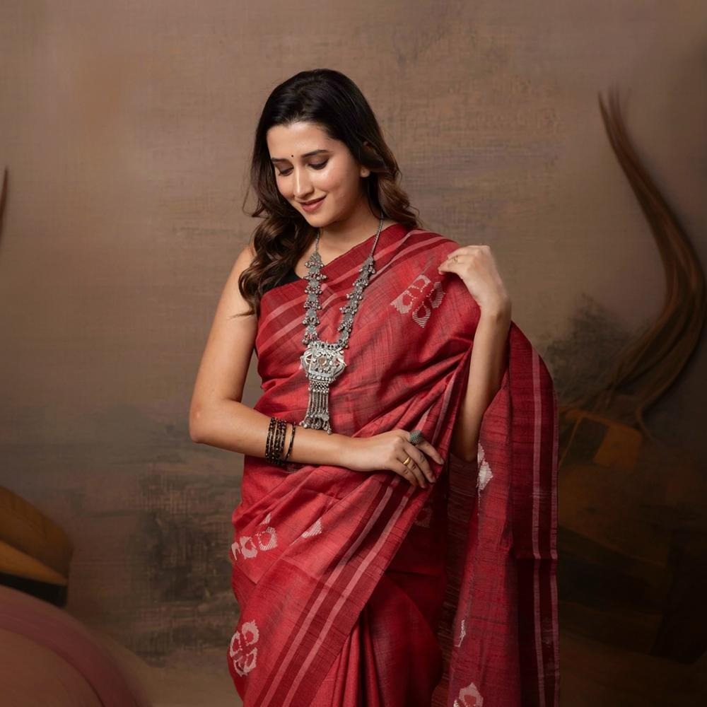 Pure Tussar Silk Saree - Dark Red