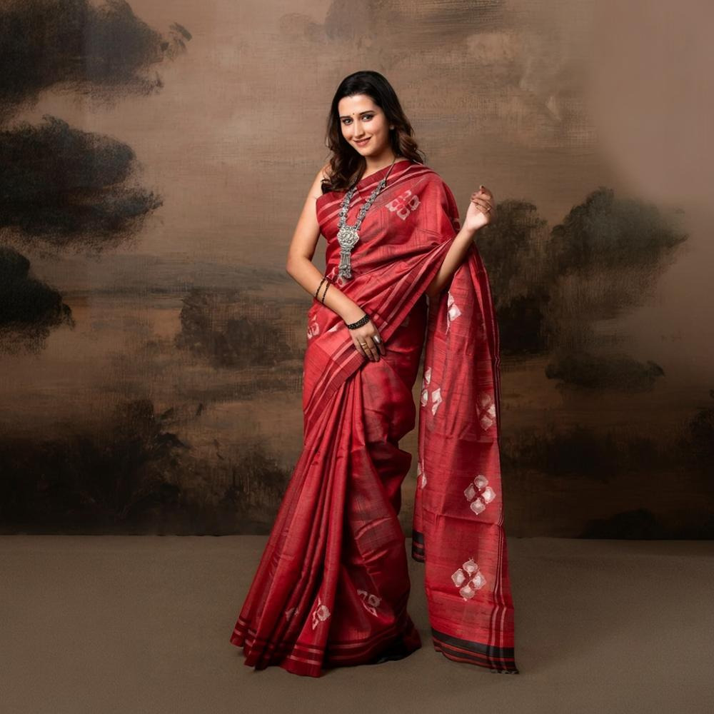 Pure Tussar Silk Saree - Dark Red