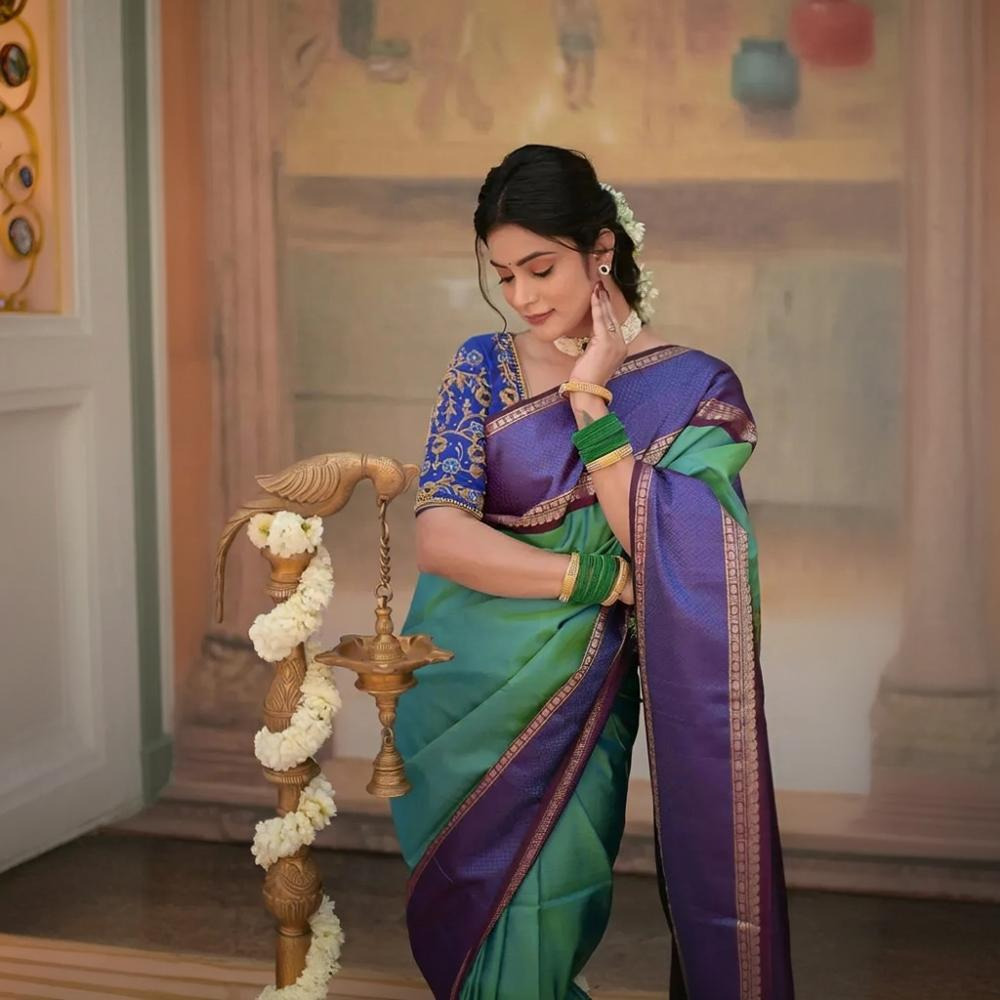 Eevara Aqua Blue Purple Kancheevaram Heirloom Silk Saree