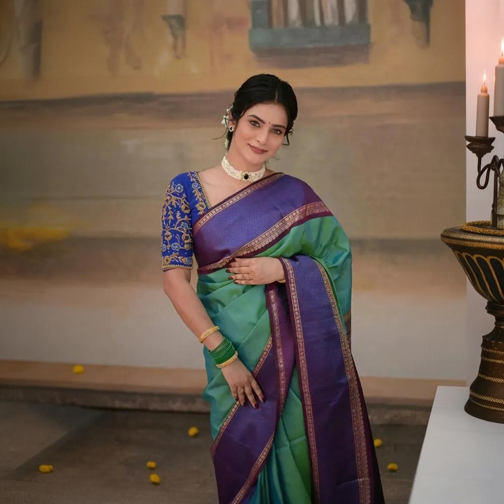 Eevara Aqua Blue Purple Kancheevaram Heirloom Silk Saree