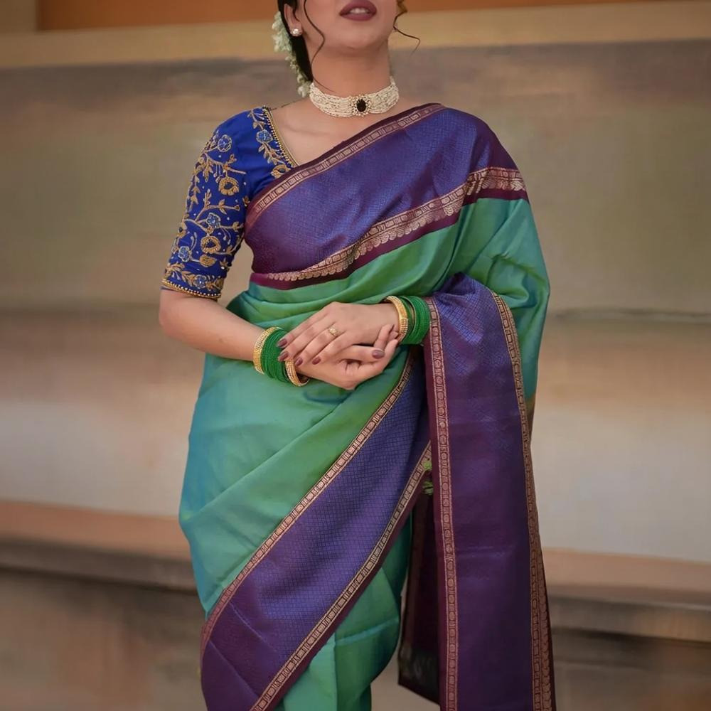 Eevara Aqua Blue Purple Kancheevaram Heirloom Silk Saree