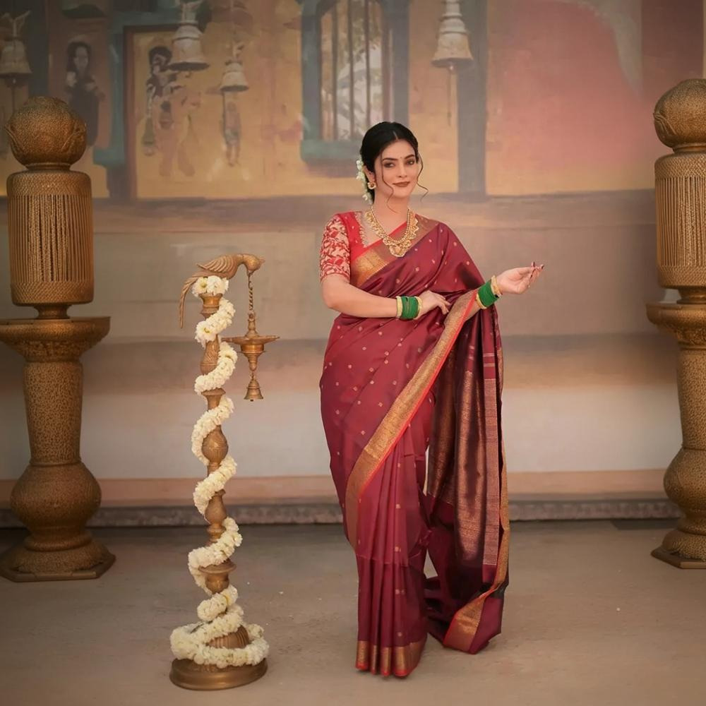 Eevara Burgundy Maroon Kancheevaram Heirloom Silk Saree