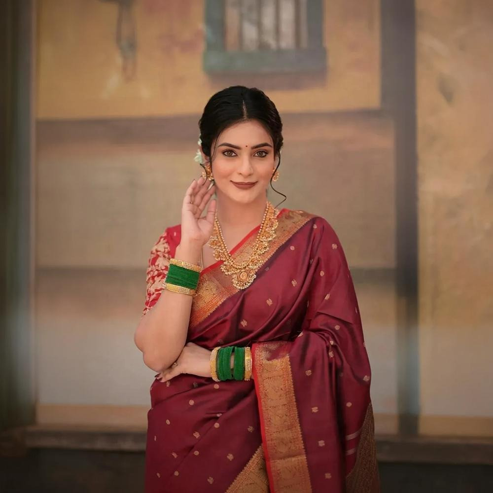 Eevara Burgundy Maroon Kancheevaram Heirloom Silk Saree