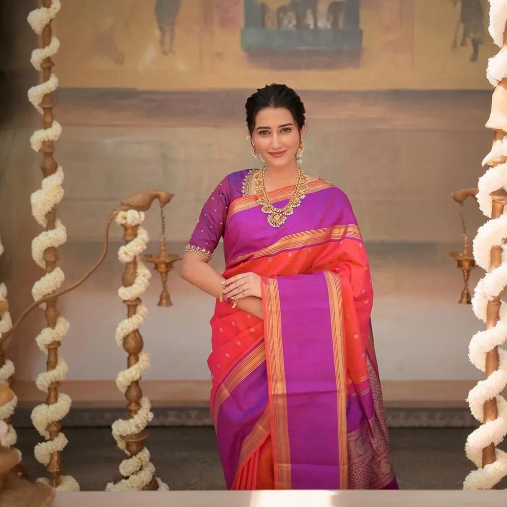 Eevara Orange Purple Kancheevaram Heirloom Silk Saree