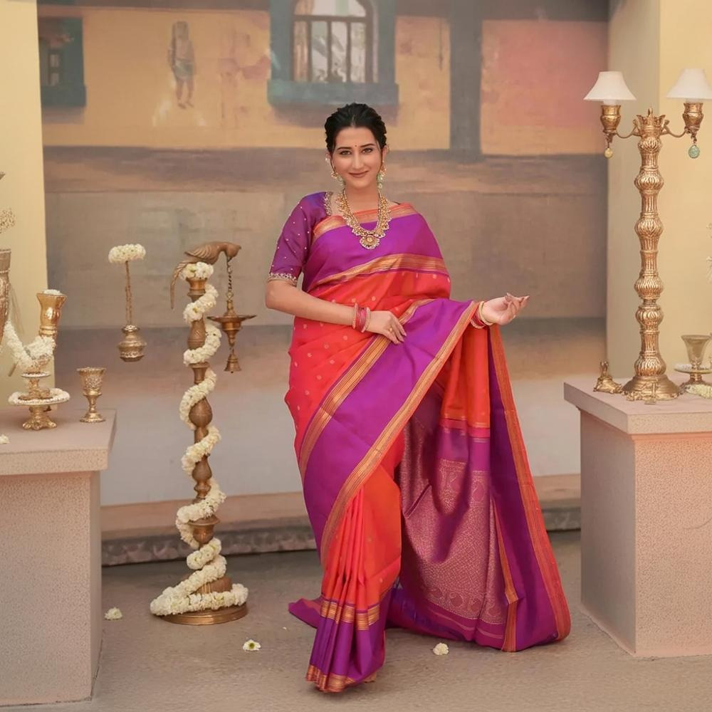 Eevara Orange Purple Kancheevaram Heirloom Silk Saree