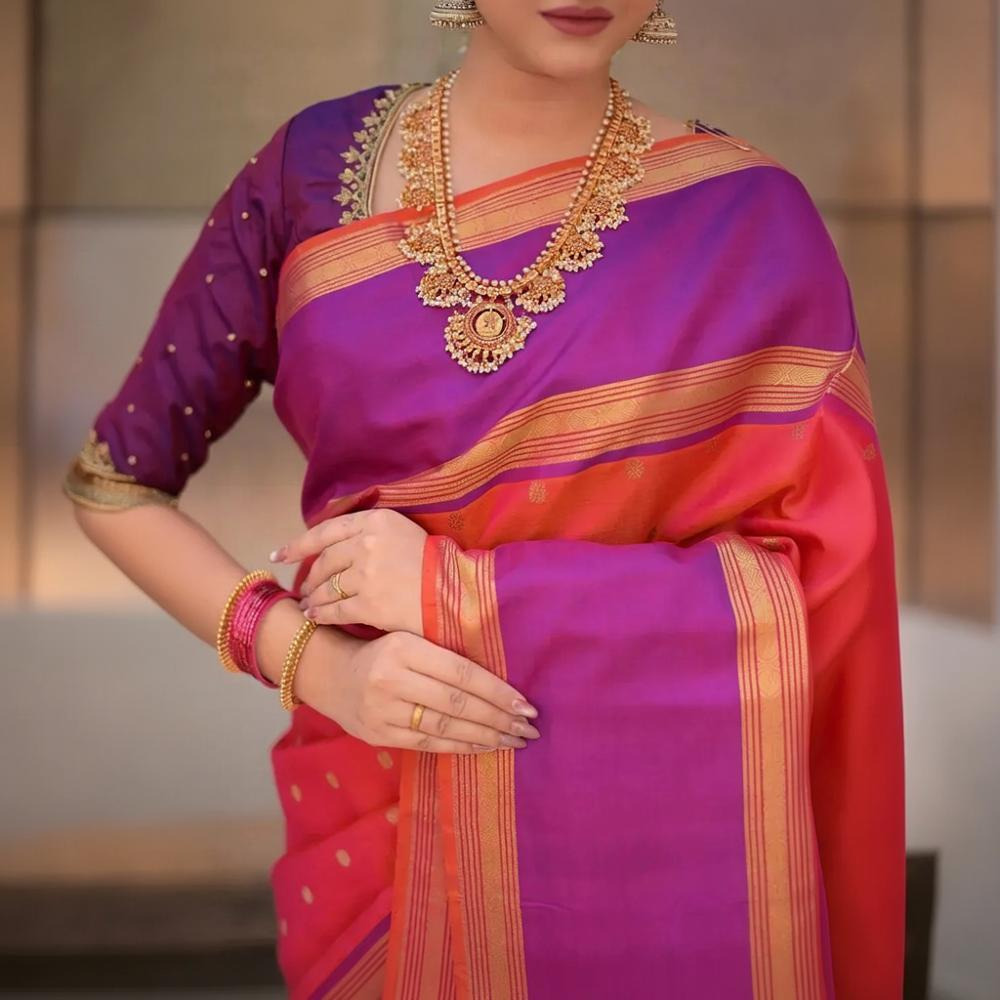 Eevara Orange Purple Kancheevaram Heirloom Silk Saree