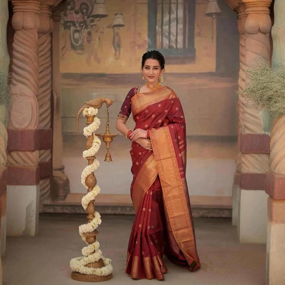 Eevara Reddish Maroon Kancheevaram Heirloom Silk Saree