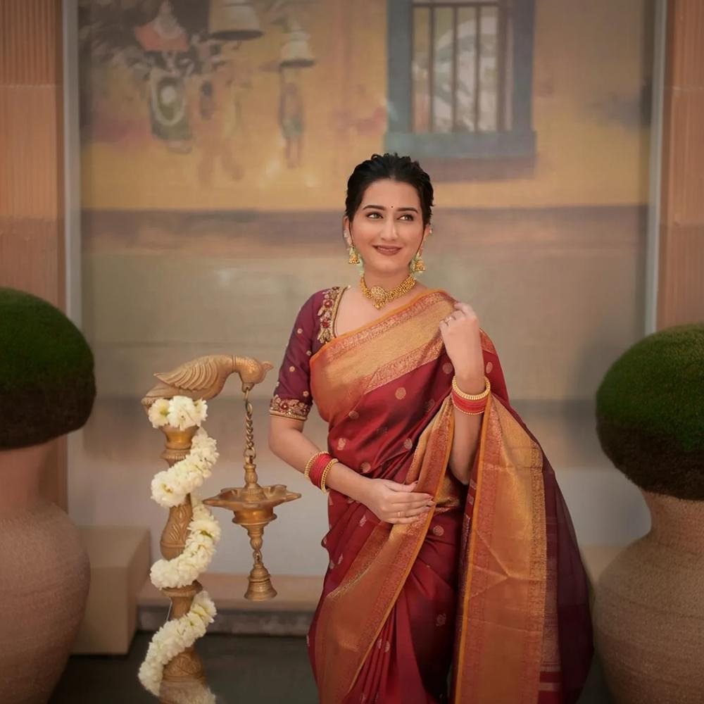 Eevara Reddish Maroon Kancheevaram Heirloom Silk Saree