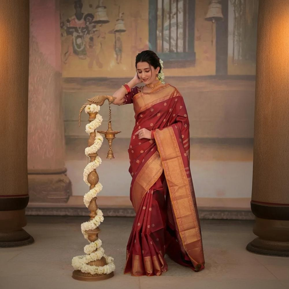 Eevara Reddish Maroon Kancheevaram Heirloom Silk Saree
