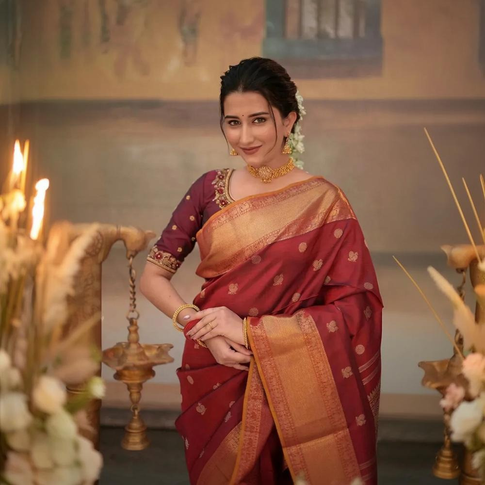 Eevara Reddish Maroon Kancheevaram Heirloom Silk Saree