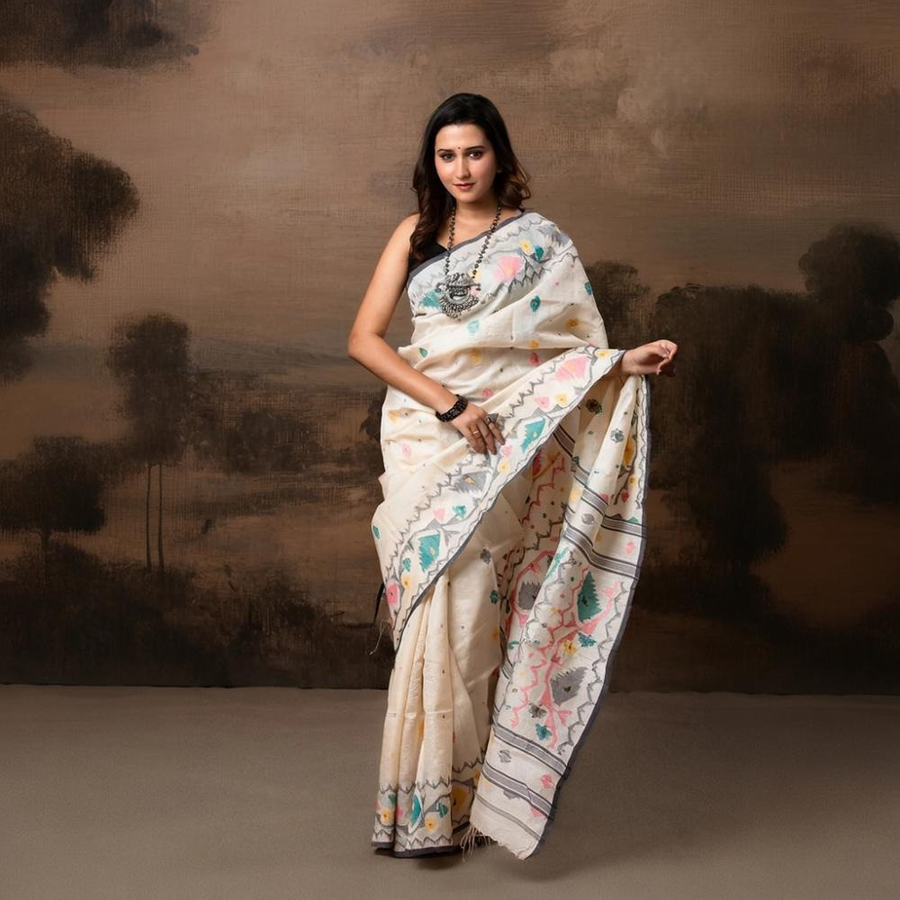 Off-White Handwoven Jamdani Tussar Silk Saree